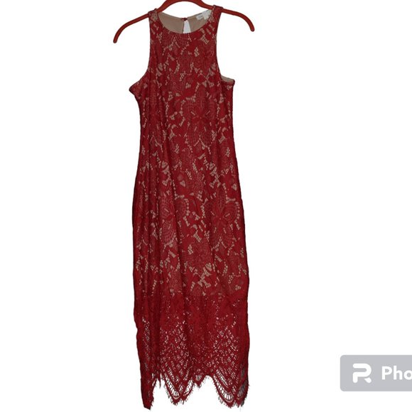 LOVE, FIRE Red Lace Long Midi Dress Gown Prom Grad Formal. Size M - Picture 1 of 7